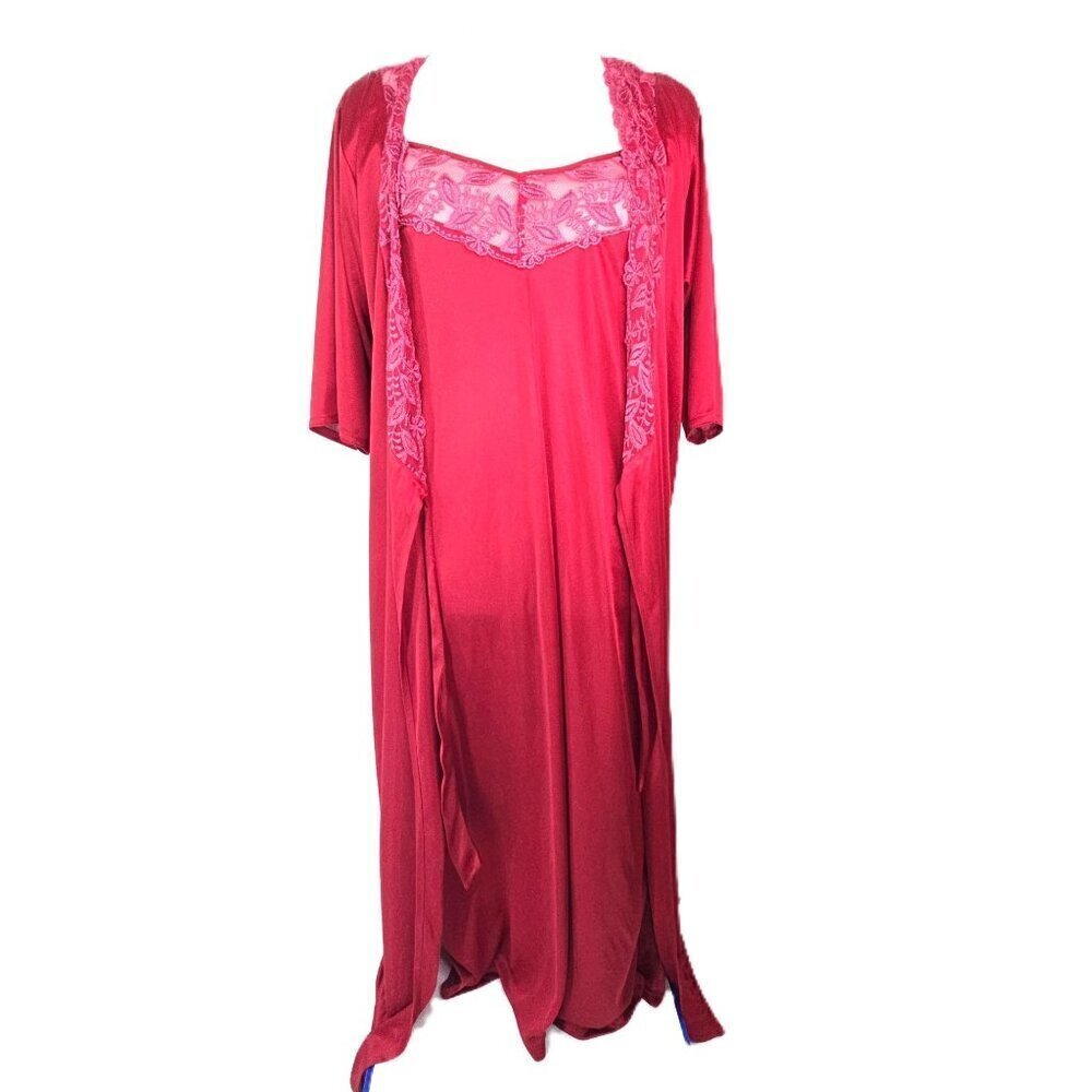 Vintage Women's Medium Wine Red 2 PC Lace Satin Long Nightgown and Robe